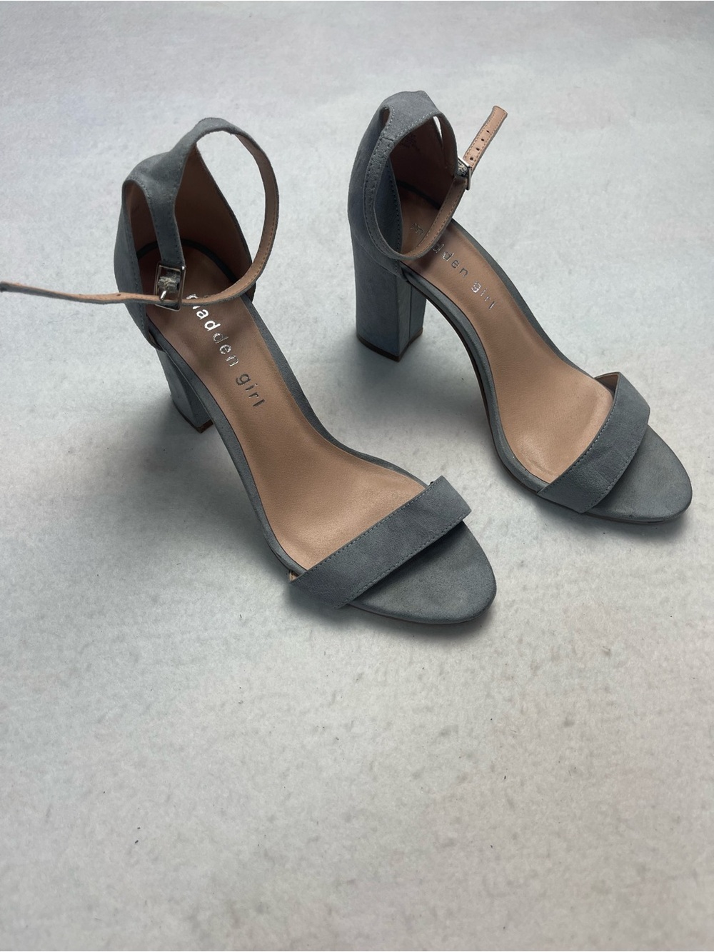 Madden Girl Gray Suede Block Heel Ankle Strap Sandals